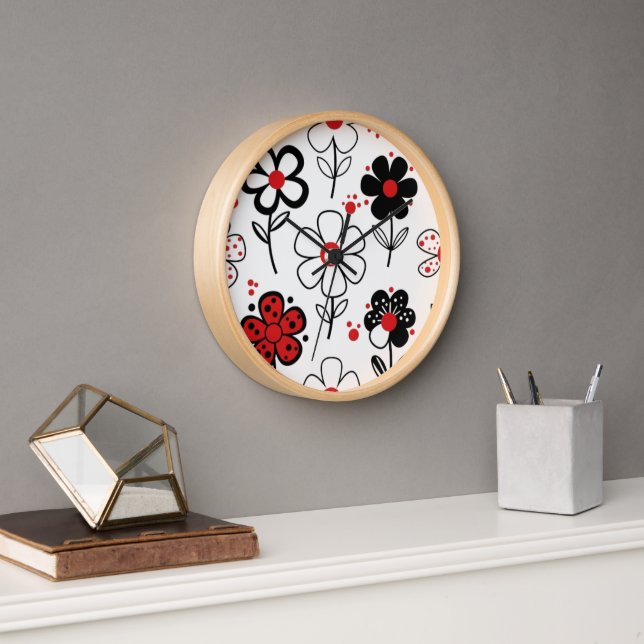Red Black Floral Delight Clock (Office)