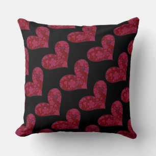 Red & Black Floral Doodle Glitter Heart Pattern Throw Pillow