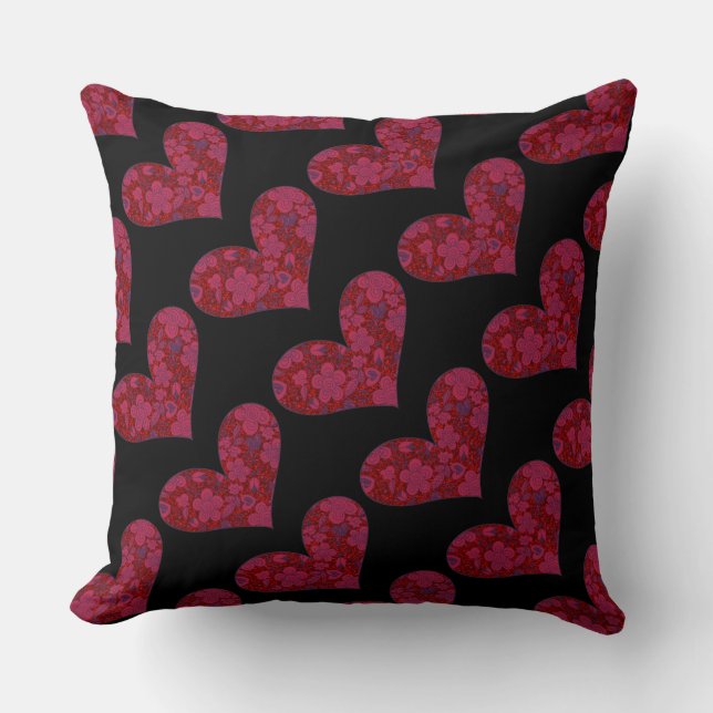 Red & Black Floral Doodle Glitter Heart Pattern Throw Pillow (Front)