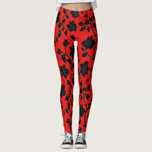 Red Black Floral Pattern Leggings