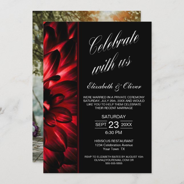 Red Black Floral Photo Wedding Reception Invitation (Front/Back)