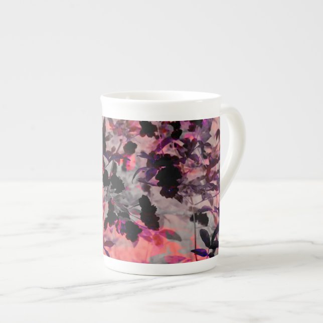 Red black flower pattern design graphic art bone china mug (Front Right)