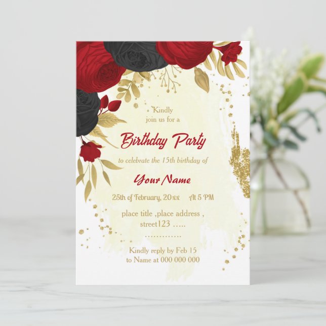 red & black flowers gold birthday party invitation (Standing Front)