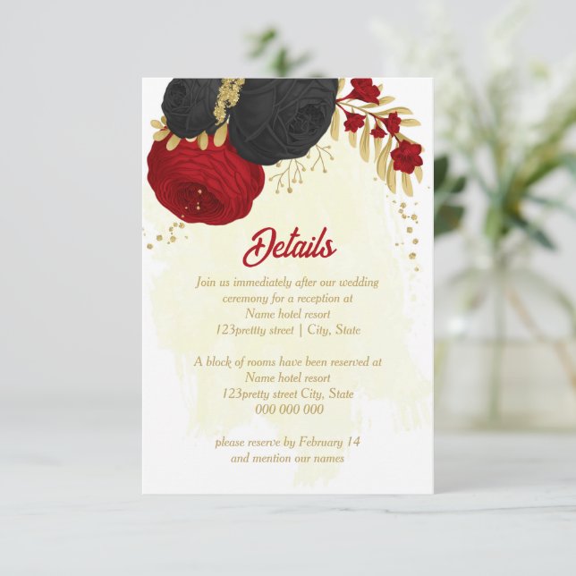 red & black flowers gold botanical wedding  enclosure card (Standing Front)