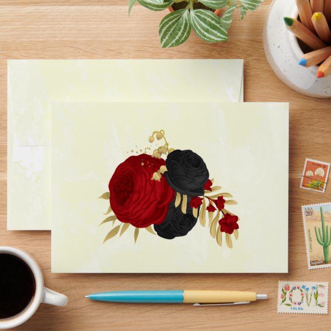 red & black flowers gold botanical wedding envelope (Desk)