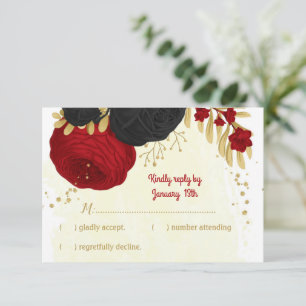 red & black flowers gold botanical wedding RSVP card