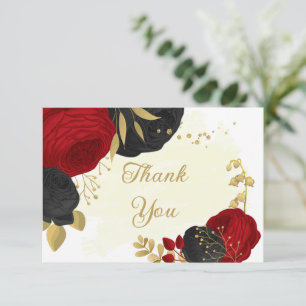 red & black flowers gold botanical wedding  thank  you card