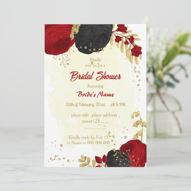 red & black flowers gold bridal shower invitation (Standing Front)