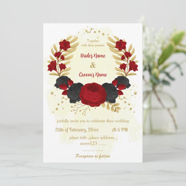 red & black flowers gold wedding invitation (Standing Front)