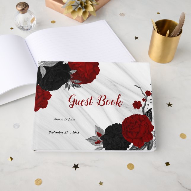 red & black flowers grey botanical marble guest book (Front Open)
