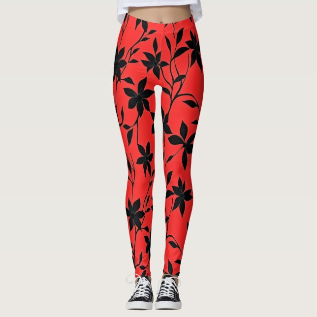 Red Black Flowers Leggings (Front)