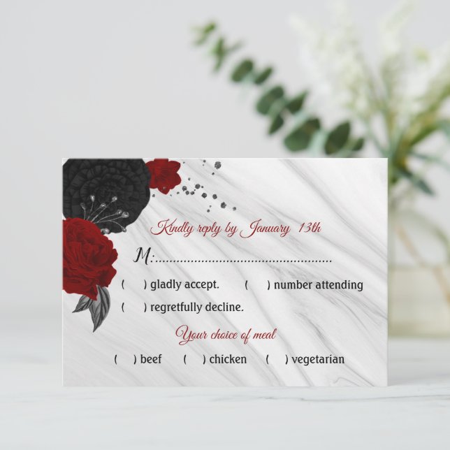red & black flowers marble meal choice RSVP card (Standing Front)