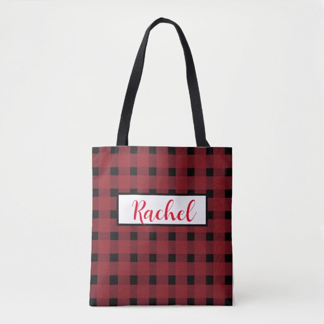 Red Black Gingham Personalized Tote Bag (Front)