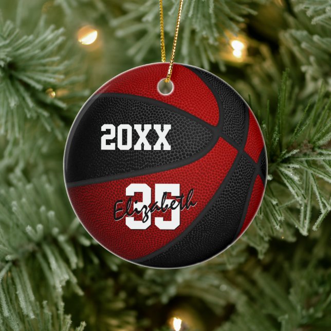 red black girls boys basketball team keepsake ceramic ornament (Tree)