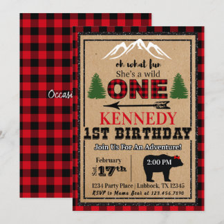 Red Black Girl's Buffalo Plaid Birthday Invitation