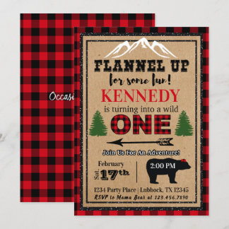 Red Black Girl's Buffalo Plaid Birthday Invitation