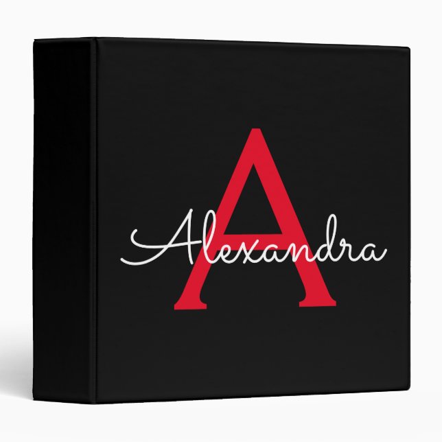 Red Black Girly Script Monogram Name Modern Binder (Front/Spine)