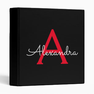 Red Black Girly Script Monogram Name Modern Binder
