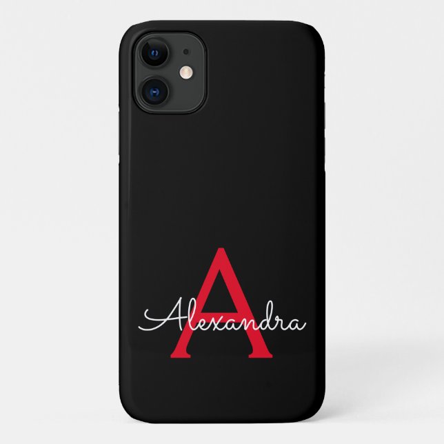 Red Black Girly Script Monogram Name Modern Case-Mate iPhone Case (Back)