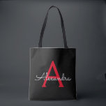 Red Black Girly Script Monogram Name Modern Tote Bag<br><div class="desc">Black and Red Elegant Add Your Own Name Monogram Book Bag. This Book Bag can be customized to include your initial and first name and given as a gift for Christmas,  Sweet 16 Birthday,  Bridal Shower or a Wedding.</div>