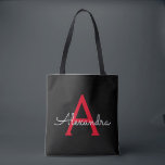Red Black Girly Script Monogram Name Modern Tote Bag<br><div class="desc">Black and Red Elegant Add Your Own Name Monogram Book Bag. This Book Bag can be customized to include your initial and first name and given as a gift for Christmas,  Sweet 16 Birthday,  Bridal Shower or a Wedding.</div>