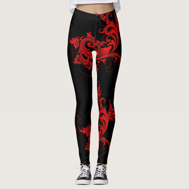 Red & Black Girly Swirls Design Leggings (Front)