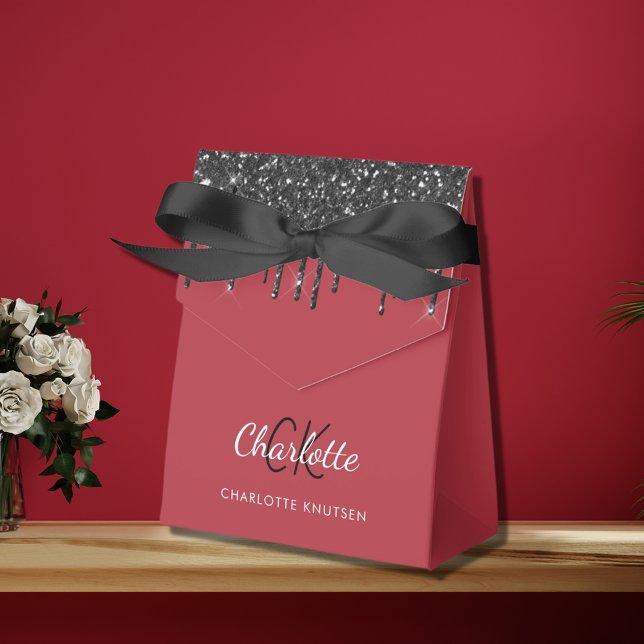 Red black glitter drips monogrammed favor box (Creator Uploaded)