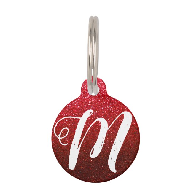 Red Black Glitter Monogram Cat Dog Nametag Info (Front)