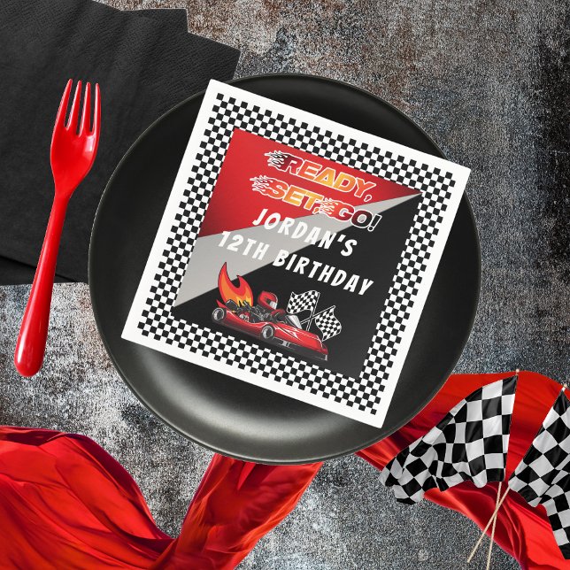 Red | Black Go Kart Racing Birthday Napkin (Red and Black Go Kart Racing Kid's Birthday Party "Ready, Set, Go!" Paper Napkins)