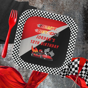 Red   Black Go Kart Racing Birthday Paper Plate