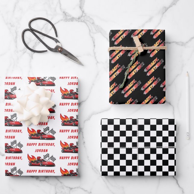 Red | Black Go Kart Racing Birthday Wrapping Paper Sheet (Front)