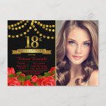 Red Black Gold 18th Birthday Party Invitation<br><div class="desc">Girls 18th birthday party invitation with beautiful gold numbers and banners on a pretty red black and gold rose floral background. This elegant photo 18th birthday party invitation is easily customized for your event by simply adding your photo and event details in the font style you prefer. You can also...</div>