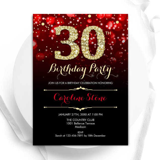 Red Black Gold 30th Birthday Invitation (Creator Uploaded)