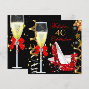 Red Black Gold 40 & Fabulous 40th Birthday Party 2 Invitation
