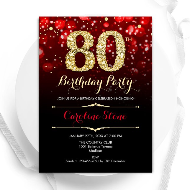 Red Black Gold 80th Birthday Invitation (Creator Uploaded)