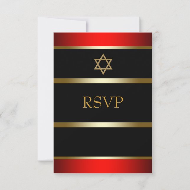 Red Black Gold Bar Mitzvah RSVP Card (Front)