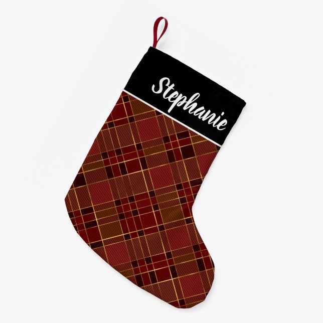 Red Black Gold Buffalo Plaid Personalized Name Small Christmas Stocking (Front (Hanging))
