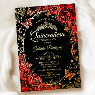 Red Black Gold Butterflies Roses Quinceanera