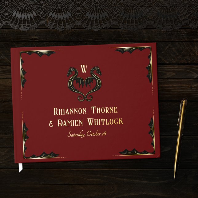 Red Black Gold Dragon Monogram Fantasy Wedding Guest Book (Creator Uploaded)