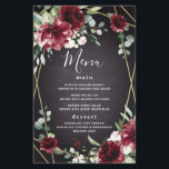 Red Black Gold Floral Elegant Wedding Menu Cards<br><div class="desc">Design features a black chalkboard printed texture for the background with a printed gold coloured geometric frame that’s covered in unique elegant greenery that consists of eucalyptus and other leaves/branch elements. Design also features burgundy red rose and peony flowers and other blush pink floral elements for added unique décor.</div>
