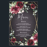 Red Black Gold Floral Elegant Wedding Menu Cards<br><div class="desc">Design features a black chalkboard printed texture for the background with a printed gold coloured geometric frame that’s covered in unique elegant greenery that consists of eucalyptus and other leaves/branch elements. Design also features burgundy red rose and peony flowers and other blush pink floral elements for added unique décor.</div>