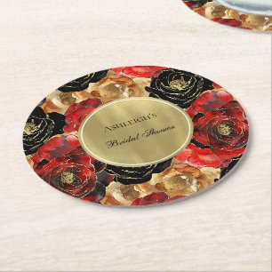 Red Black Gold Glam Floral Bridal Shower Round Paper Coaster