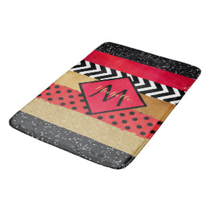 Red Black Gold Glitter Brush Stroke Monogrammed Bath Mat