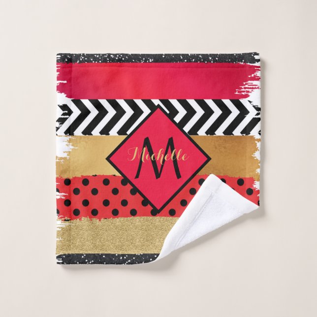 Red Black Gold Glitter Brush Stroke Monogrammed    Bath Towel Set (Wash Cloth)