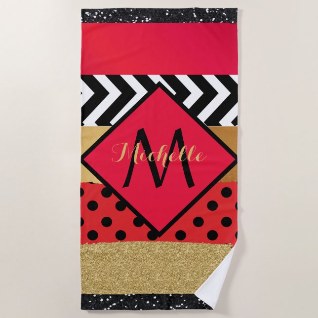 Red Black Gold Glitter Brush Stroke Monogrammed    Beach Towel (Front)