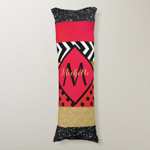 Red Black Gold Glitter Brush Stroke Monogrammed Body Pillow