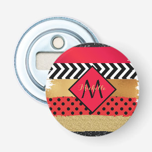 Red Black Gold Glitter Brush Stroke Monogrammed    Bottle Opener