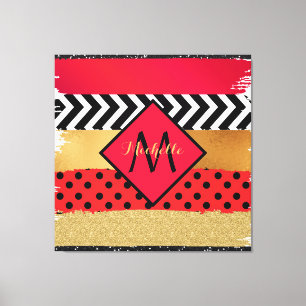 Red Black Gold Glitter Brush Stroke Monogrammed   Canvas Print