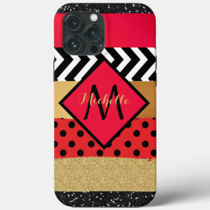 Red Black Gold Glitter Brush Stroke Monogrammed   iPhone 13 Pro Max Case