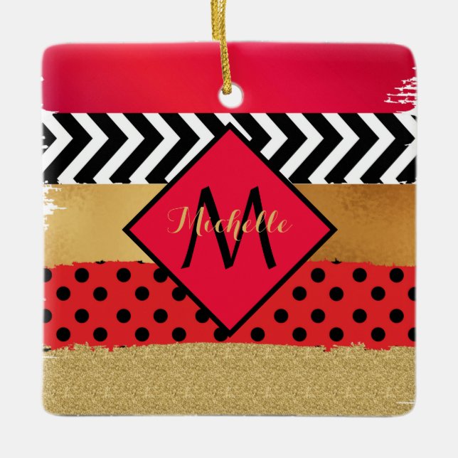 Red Black Gold Glitter Brush Stroke Monogrammed   Ceramic Ornament (Front)